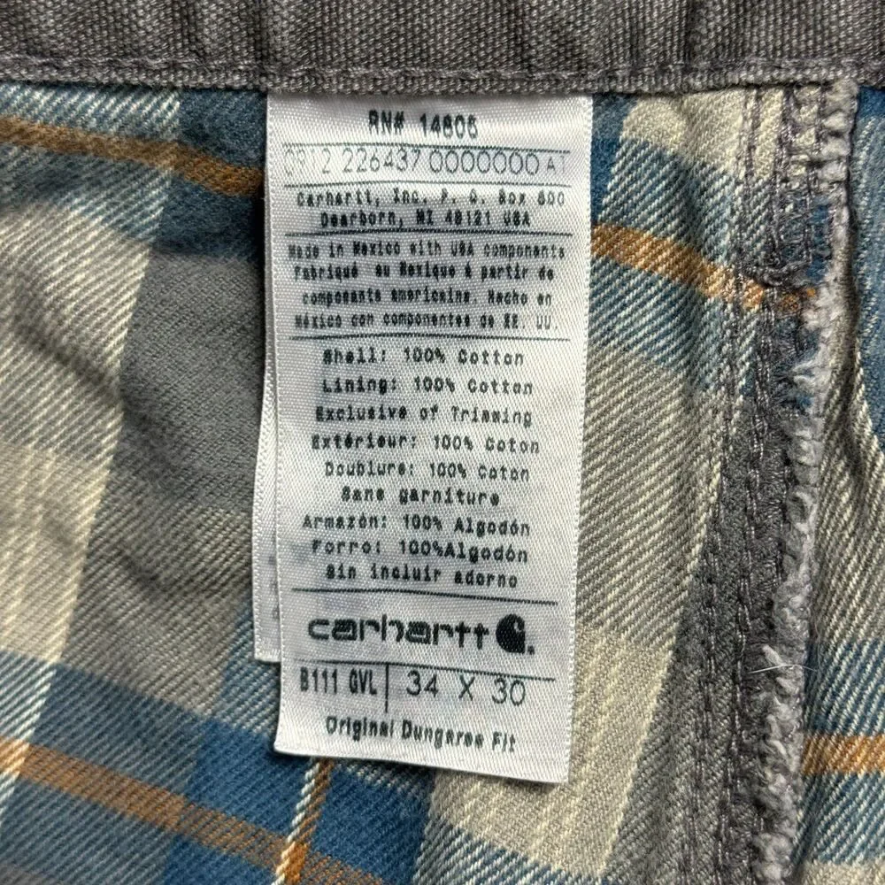 Carhartt Flannel Lined Dungaree Pants Size 34X30 Gray B111 GVL Workwear